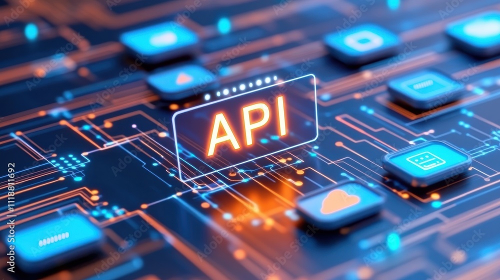 Poster api and cloud icons in a sleek digital environment
