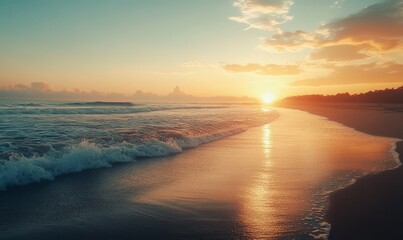 Ocean waves crashing gently onto a sandy beach, drone-like smooth transitions capturing coastal beauty at sunset
