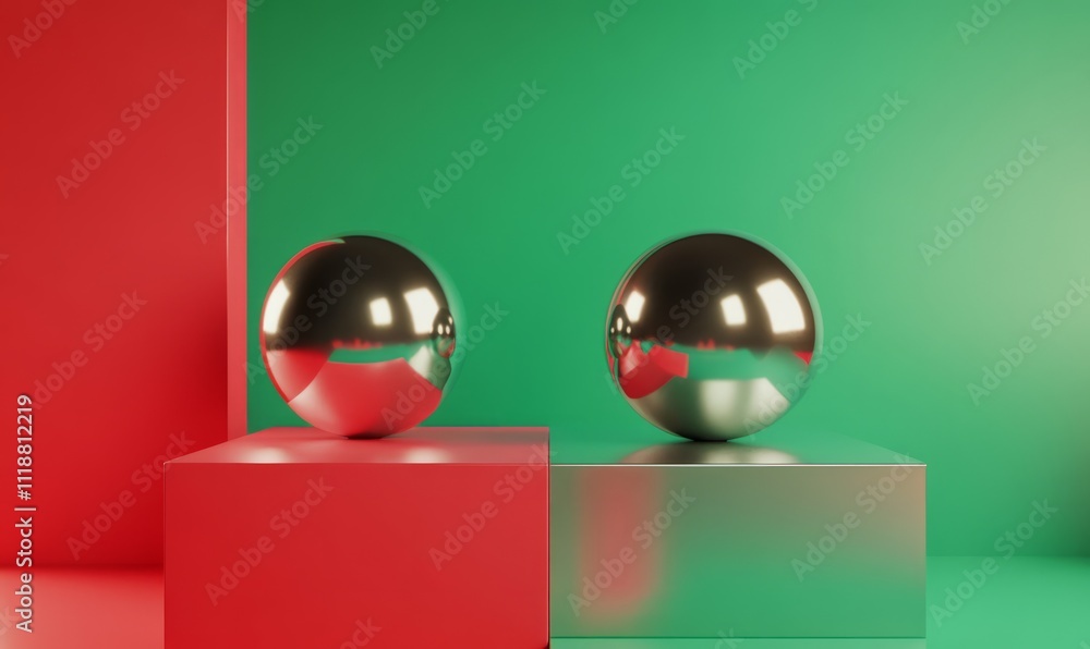 Poster of colorful geometric shapes of smooth and shiny spheres on steps of square platforms against red an