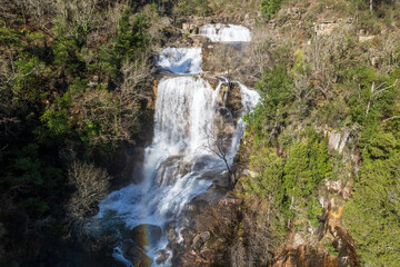 Peneda Geres National Park Portugal. Tahiti waterfalls. Scenic landscape , wild river. Its rugged hills are home to deer, wolves and golden eagles. The trails include a Roman road lined landmarks. 