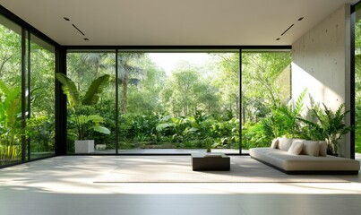 Fototapeta premium Luxurious modern home surrounded by greenery, sleek clean lines and floor-to-ceiling glass windows, natural daylight