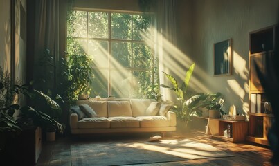 Modern living room with sunlight streaming through a window, greenery and minimal furniture creating a cozy and eco-friendly vibe