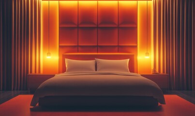 Luxury hotel suite with symmetrical design, plush bedding, warm lighting, and modern interior styling, inviting elegance