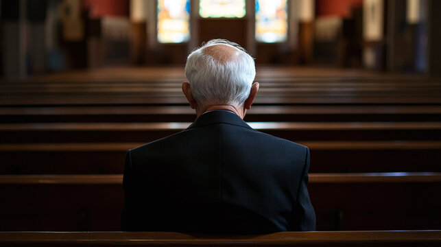 Rear view of man sitting church, peaceful alone solitude contemplation peace, serene quiet silence devotion spirituality, sacred thoughtful pensive, religious spiritual faithful, copy space.