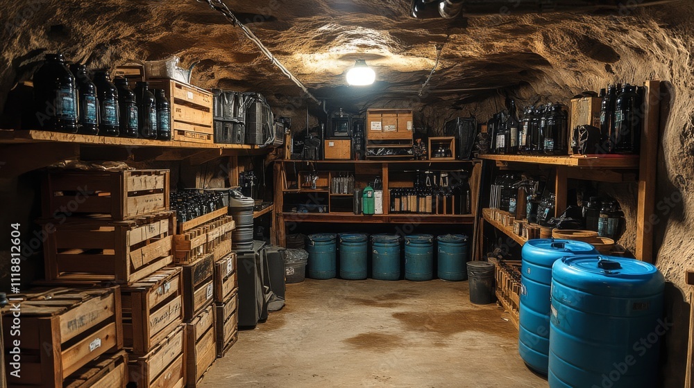 Poster the setting features an underground storage area with wooden shelves packed with crates and barrels.