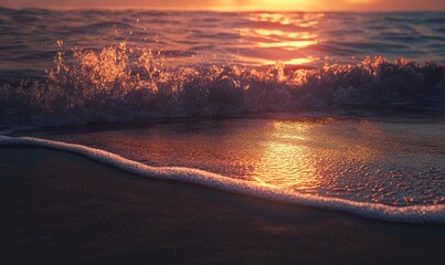 Ocean waves crashing gently onto a sandy beach, drone-like smooth transitions capturing coastal beauty at sunset