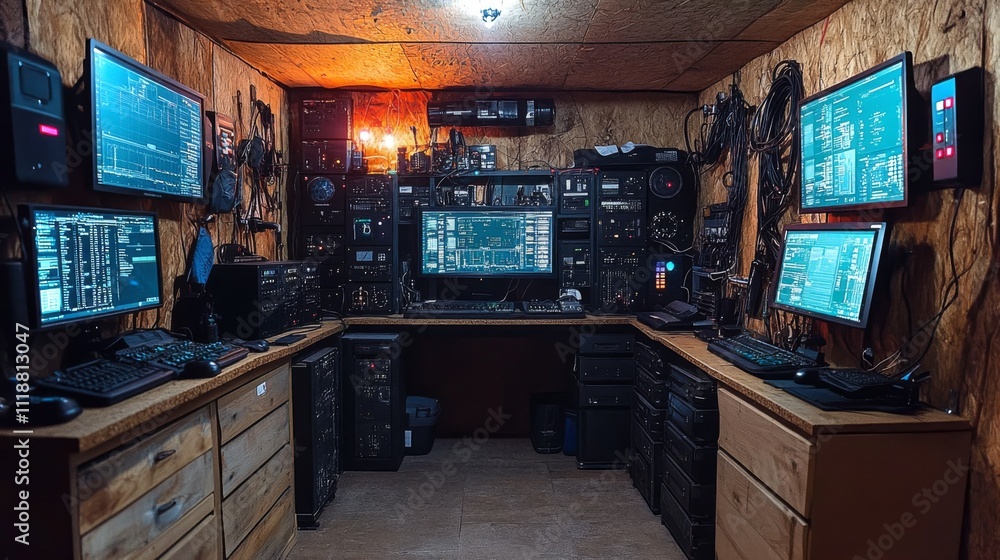 Poster a modern control room features numerous screens displaying data, wires connecting equipment, and a w