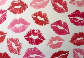 This playful image features a lively pattern of colorful lip prints in shades of red, pink, and coral, set against a crisp white background. The bold, expressive designs evoke a sense of fun and