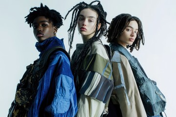 A diverse trio of fashion models showcasing contemporary and urban style, with unique hairstyles and distinctive clothing designs.