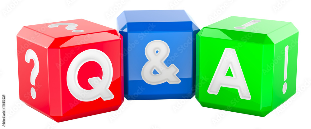 Aufkleber question and answers cubes, q and a. 3d rendering isolated on transparent background