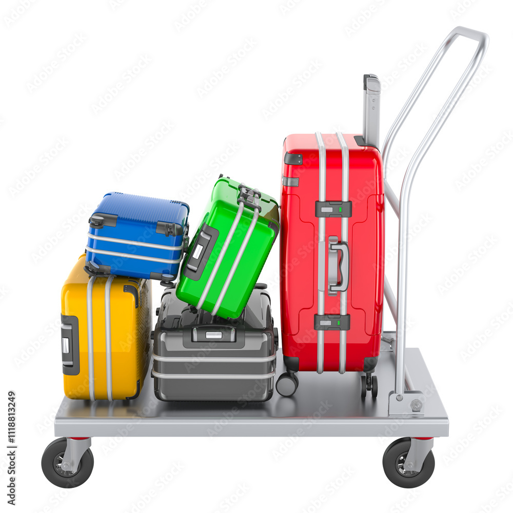 Poster platform truck with colored suitcases, side view. 3d rendering isolated on transparent background