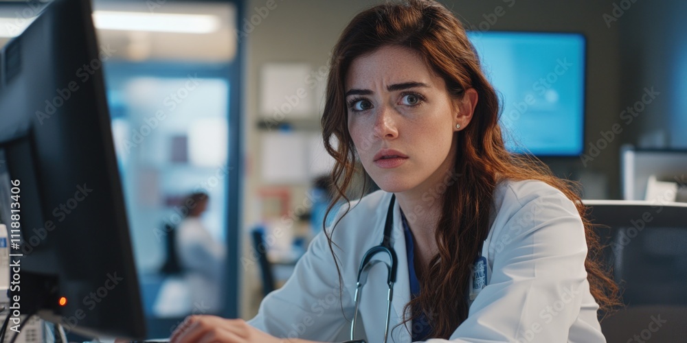 Poster professional in lab coat and glasses, working on computer with serious expression.