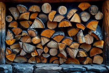 Stacked firewood and kindling on white background, perfect for a cozy fireplace setup