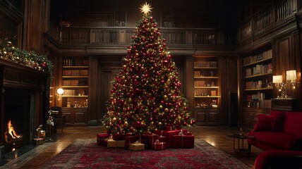 Ornate Christmas Tree in a Luxurious Library Setting