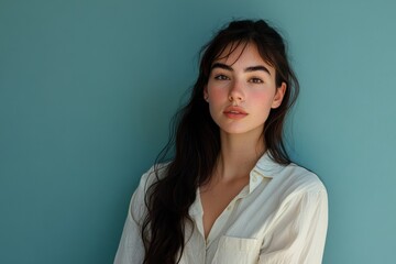 Portrait of a Young Woman with Long Hair Against a Soft Blue Background