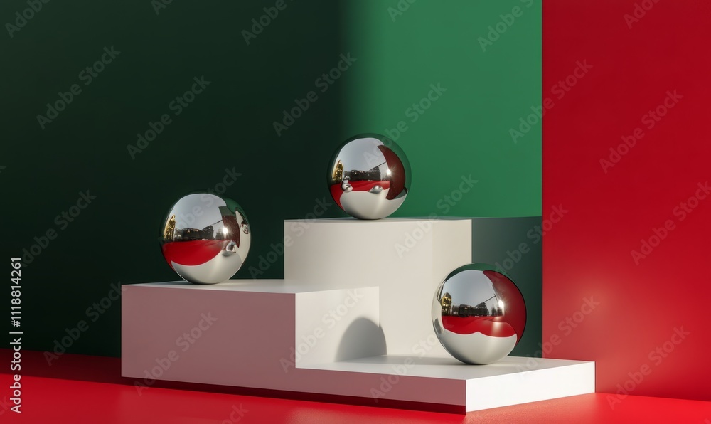 Poster of colorful geometric shapes of smooth and shiny spheres on steps of square platforms against red an