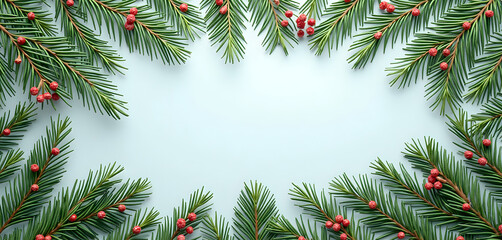 a frame made of fir branches with red berries on a white background