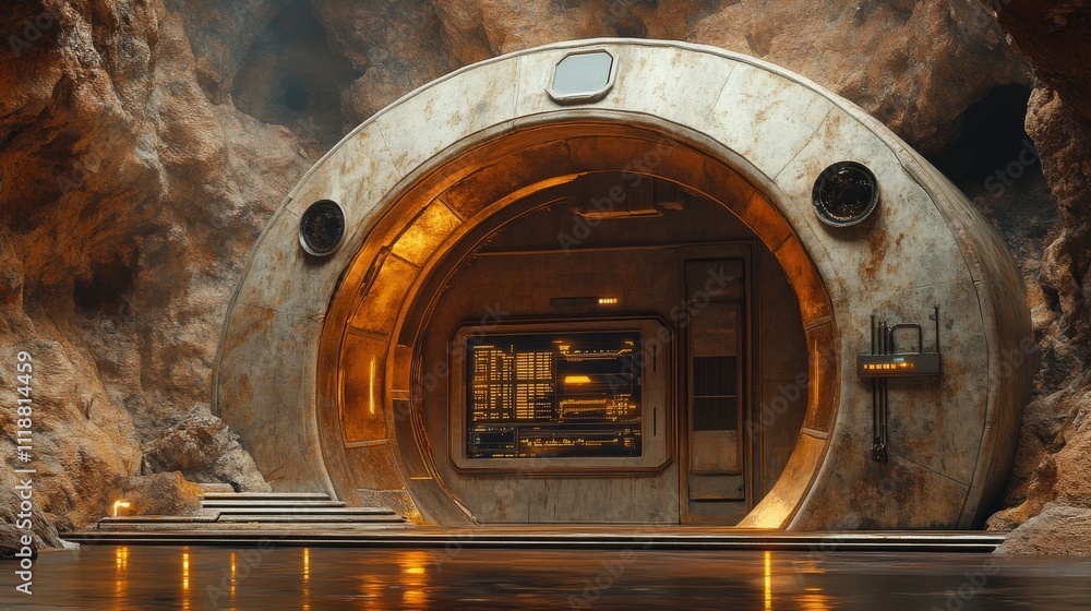 Poster An underground facility features a large circular entrance set into a rocky cavern. Advanced technological displays illuminate the space with ambient lighting, creating a mysterious atmosphere.