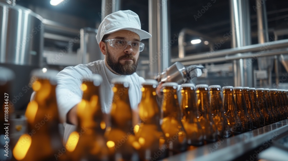 Poster a worker in a cleanroom lab, assembling beer bottles on an automated production line.