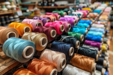 Colorful sewing thread spools displayed on wooden rack for tailoring and crafting projects