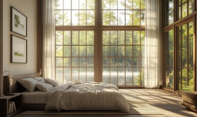 Fototapeta premium Modern Minimalist Bedroom with Large Windows and Natural Light