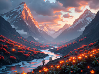 A tranquil valley blooming with flowers under majestic mountain peaks at sunset, digital art of landscape concept.