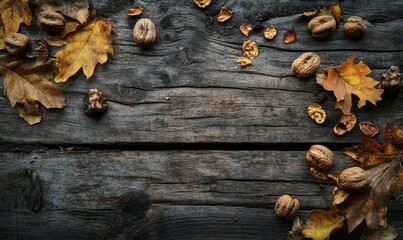 rustic autumn flat lay with walnuts leaves on aged wooden background warm seasonal composition