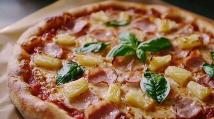 Close-up of a freshly baked hawaiian pizza topped with ham, pineapple, and basil on a white plate. Gourmet meal option.