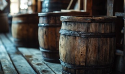 Rustic wooden buckets with metal bands, aged and weathered textures, arranged on a wooden floor for a nostalgic countryside aesthetic