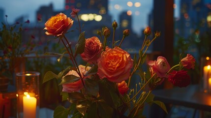Obraz premium The dimly lit rooftop provides a peaceful escape from the bustling city below allowing students to fully immerse themselves in the floral arranging experience. 2d flat cartoon.