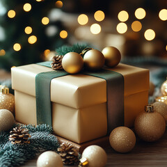 Christmas gift box with golden baubles