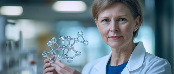 Confident Female Scientist Holding Molecular Model in Lab