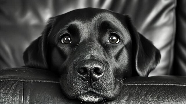 Black Labrador rests on a leather couch with a thoughtful expression in a cozy indoor setting