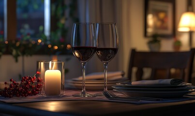 romantic dinner table with two glasses of red wine candlelight intimate restaurant setting
