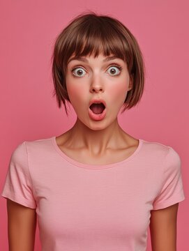 Shocked embarrassed woman with short hairstyle stares bugged eyes feels anxious drressed in casual t shirt isolated over pink background looks in disbelief hears something impressive. Human reactions