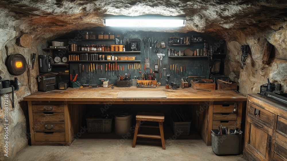 Poster a rustic workshop features a spacious wooden workbench surrounded by various tools and materials. th