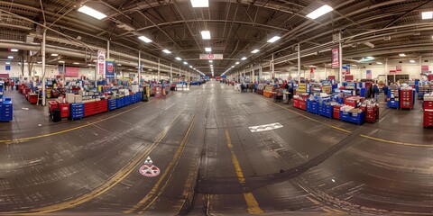 Expansive Warehouse Interior Showcasing Industry and Organization with Rows of Shelves and Equipment Under a High Ceiling with Fluorescent Lighting