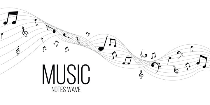 Wave of flowing music notes with treble clef, seamless melody design for musical backgrounds, banners, or creative projects. Perfect for illustrating harmony, rhythm, and artistic sound concepts.