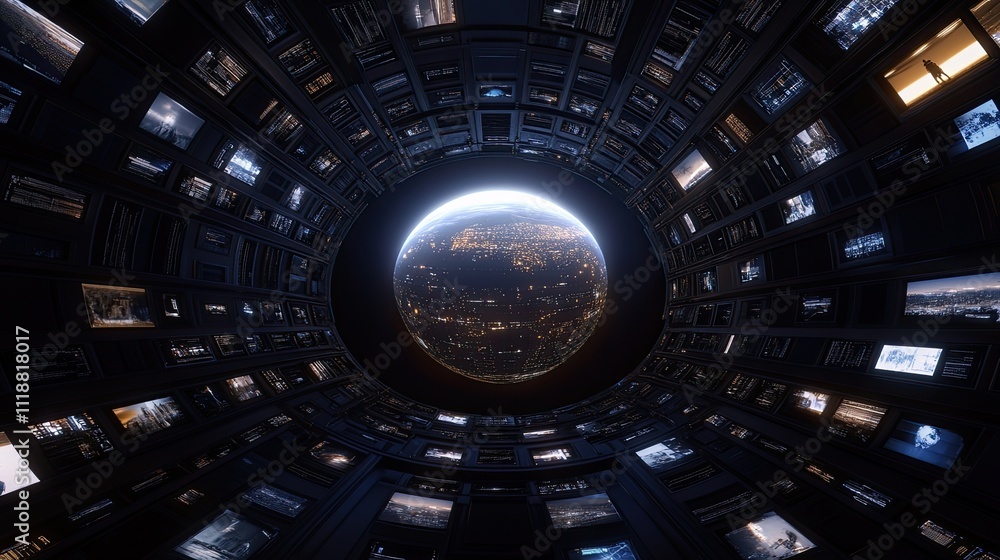 Poster abstract digital background features earth at the center, surrounded by screens displaying various g