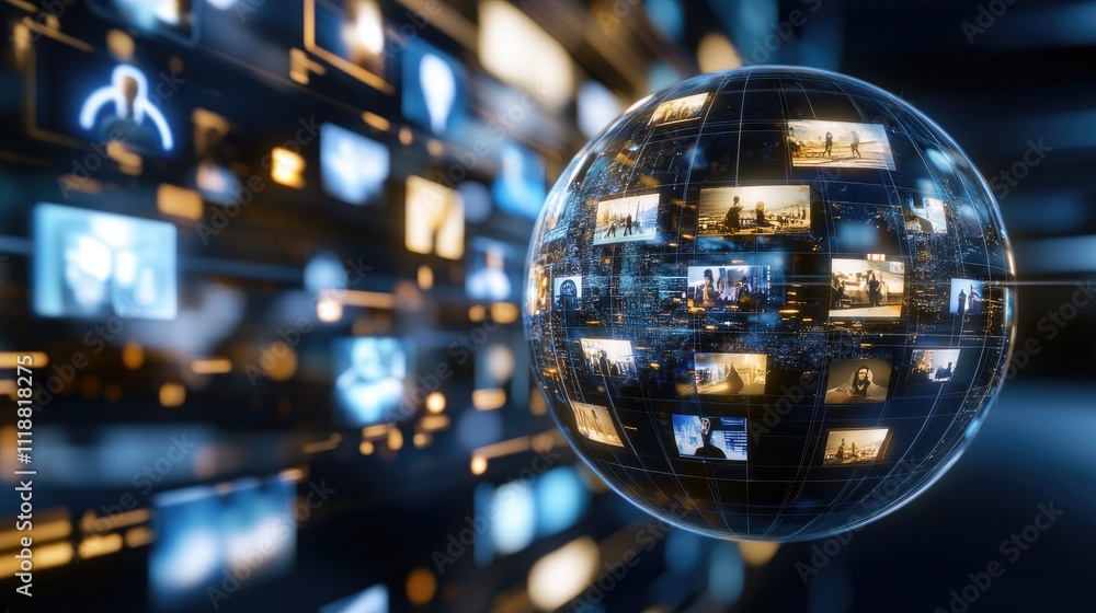 Poster abstract digital background features earth at the center, surrounded by screens displaying various g