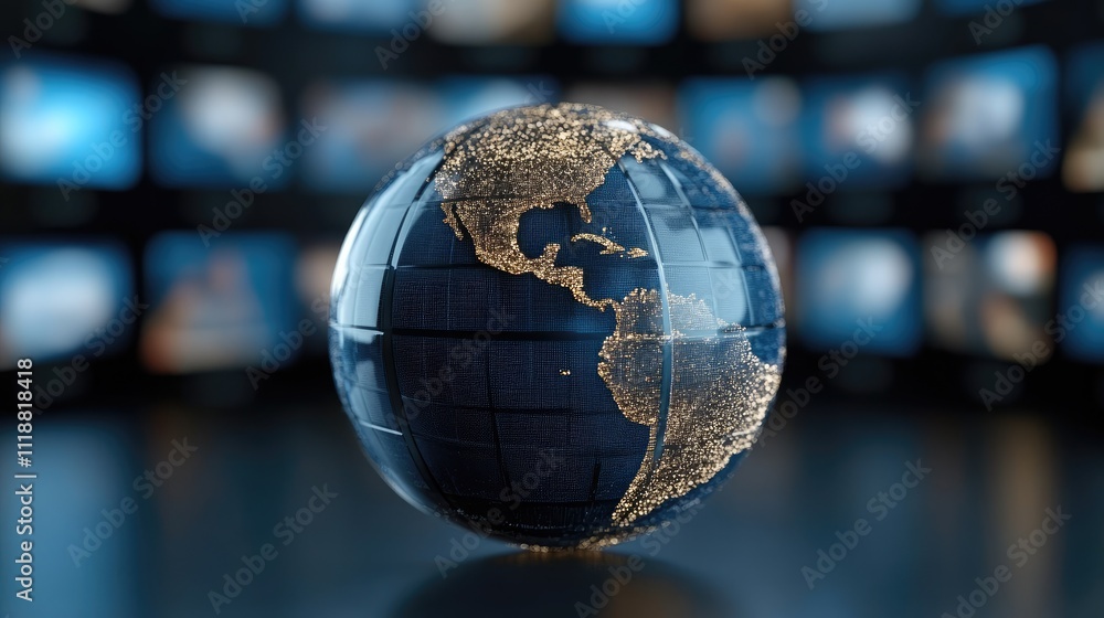Aufkleber abstract digital background features earth at the center, surrounded by screens displaying various g