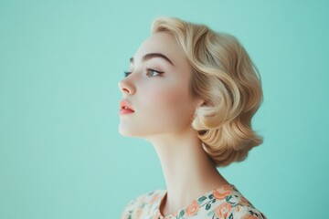 Naklejka premium Elegant Profile Portrait of a Young Woman with Vintage Hairstyle Against a Soft Turquoise Background