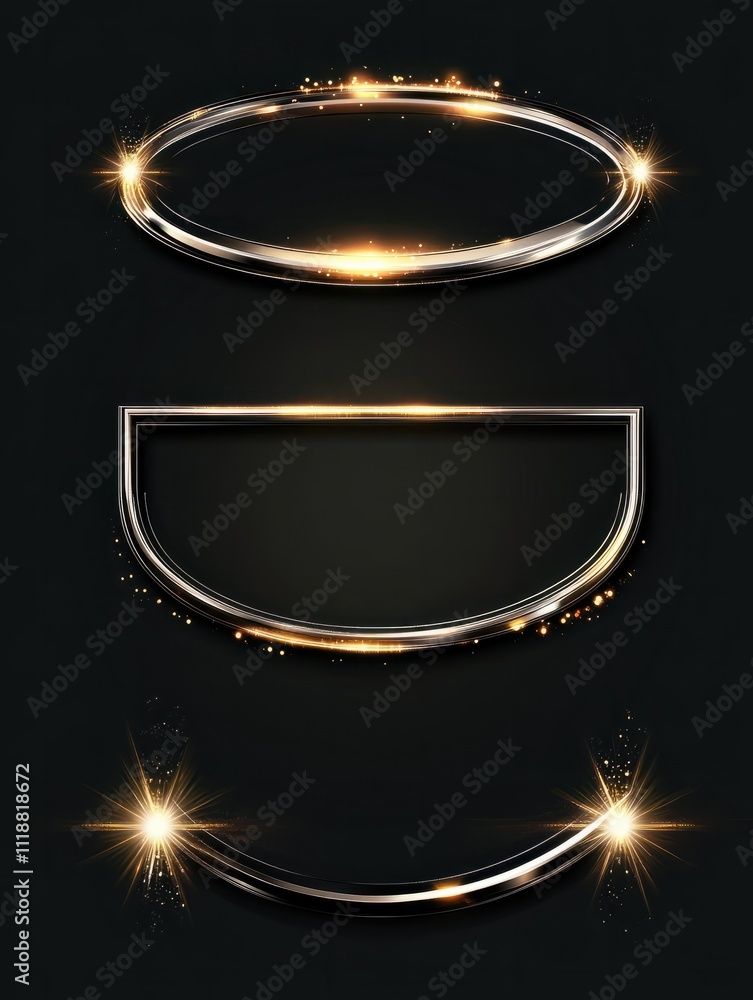 Poster thin silver frames. shine metallic frame, decorative banner with lights. isolated framework or cadre