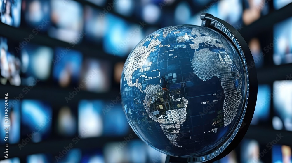 Poster abstract digital background features earth at the center, surrounded by screens displaying various g