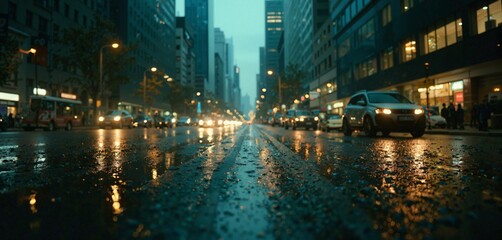 Rain-soaked urban street view at dusk with glistening reflections and blurred car lights, capturing a bustling yet serene city moment.