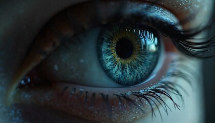 Close-up of a vibrant blue-green human iris with detailed textures and reflections, creating a captivating and surreal image.