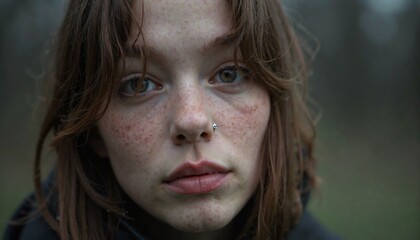 A close-up portrait of a freckled young woman with piercing eyes, evoking raw emotion and natural beauty.