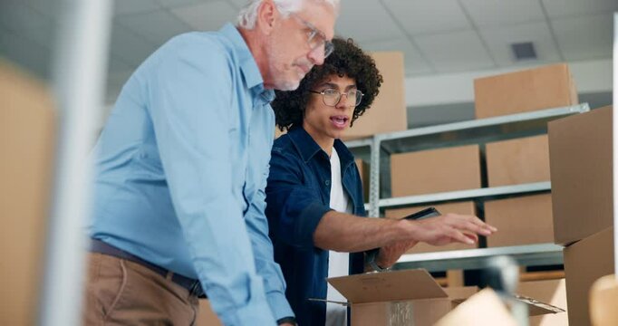 Inventory, men and discussion with tablet, mentor and management with logistics planning. Delivery, web checklist and supplier with communication, shipping and distribution team with collaboration