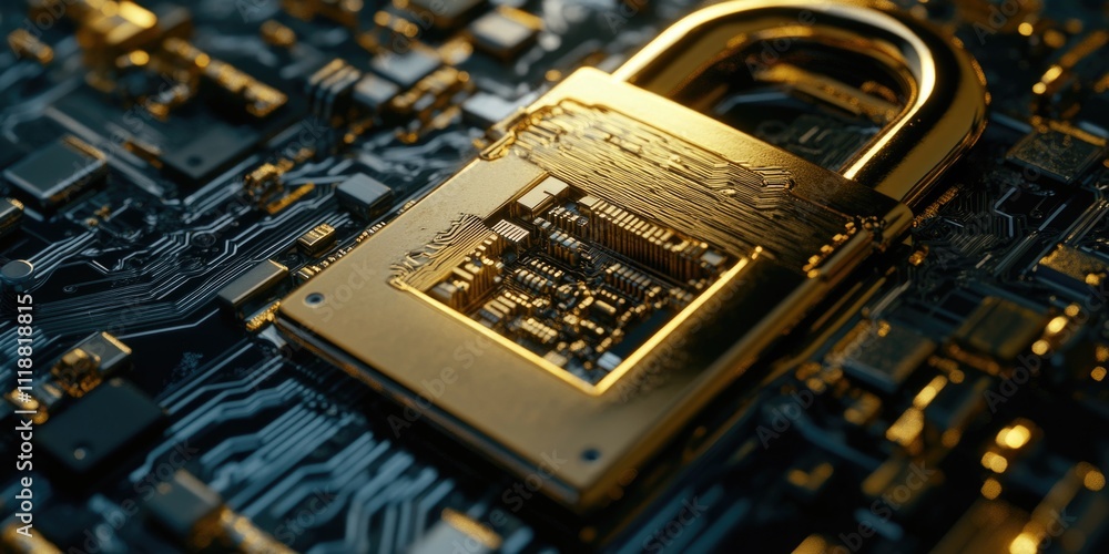 Poster encrypted circuit board with bitcoin symbol in gold.