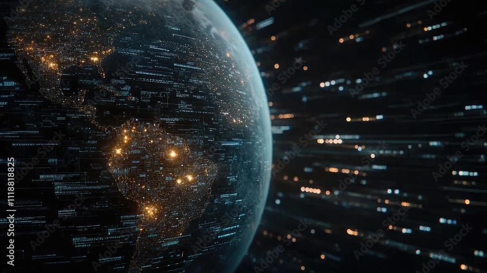 Poster abstract digital background features earth at the center, surrounded by screens displaying various g